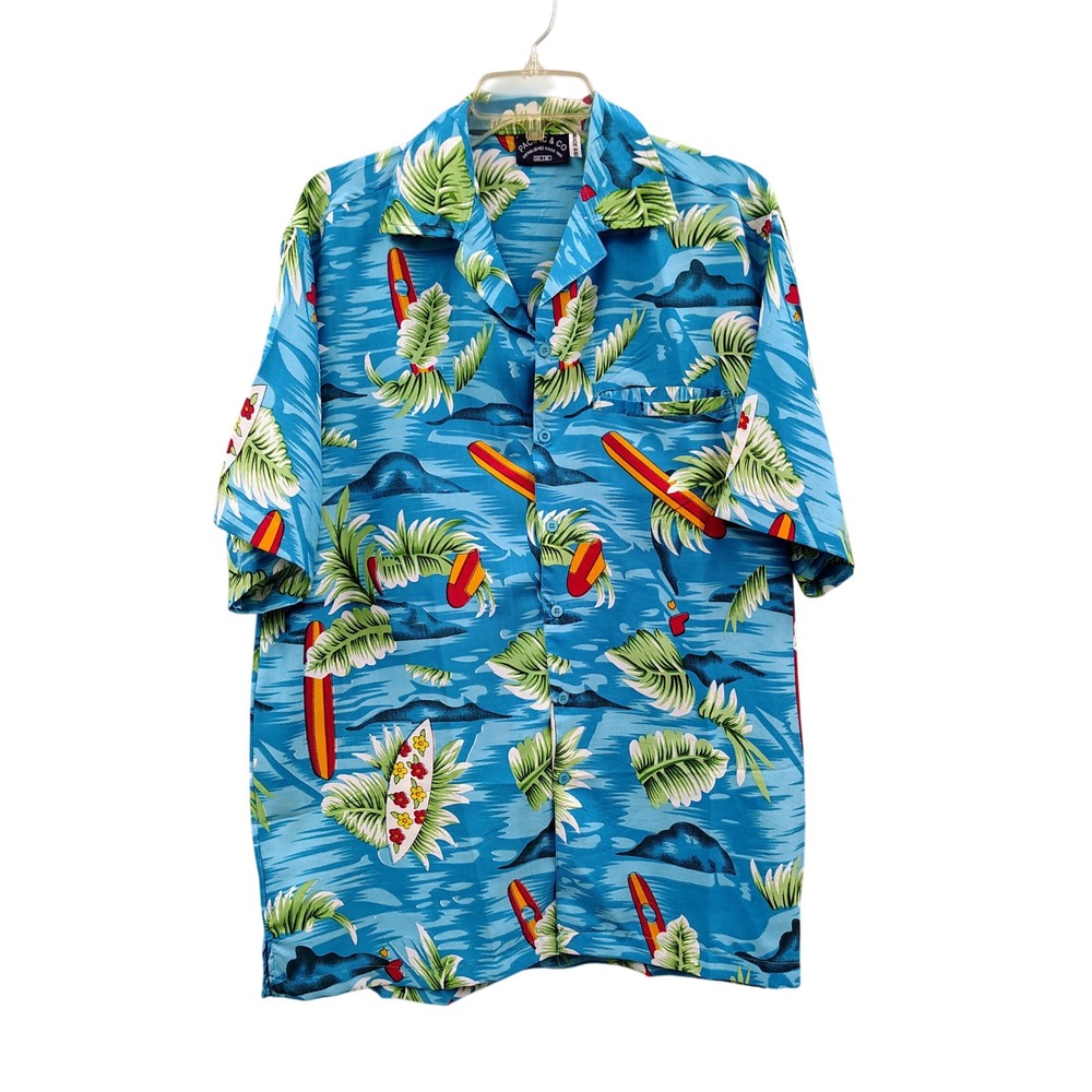 Pacific & Co Mens Blue Surfboard Tropical Hawaiian Button Down Shirt Size M